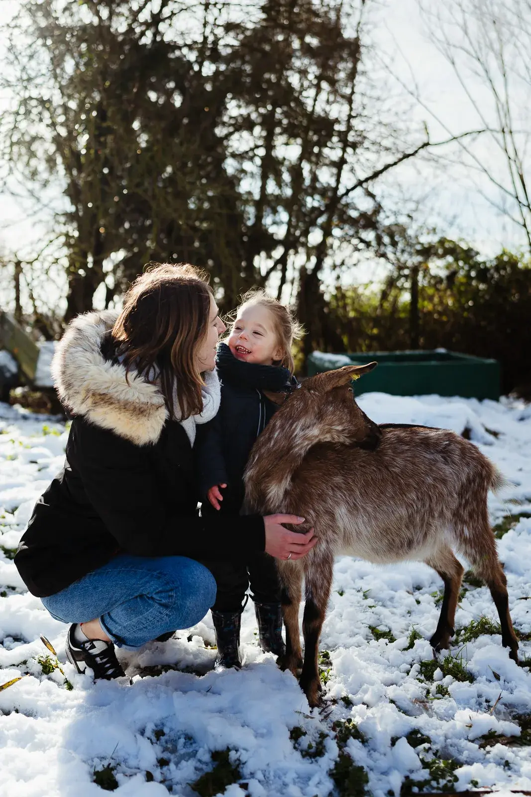 Une mère et son enfant jouant avec leur chèvre pendant une séance photo de famille sous la neige a fontainebleau