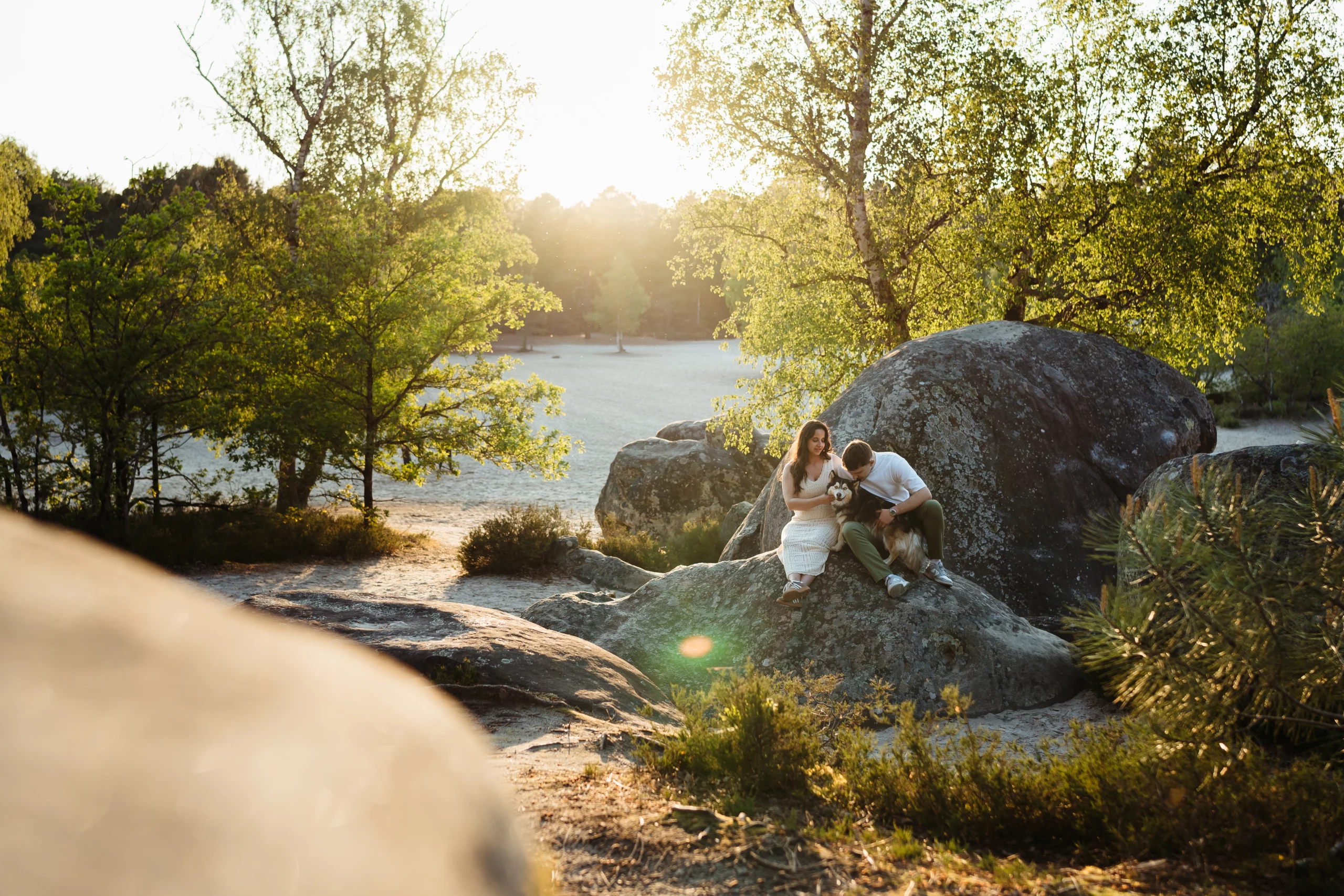 couple de futurs mariés avec un chien pendant une séance engagement au coucher du soleil dans la forêt de fontainebleau